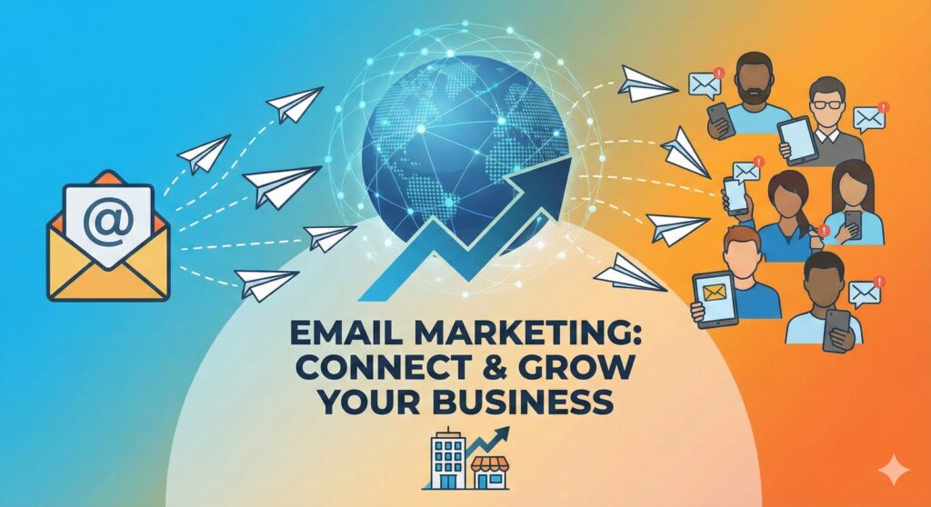 Scrupulous Technology infographic illustrating email marketing. An envelope sends messages globally to people on devices, connecting and growing businesses.