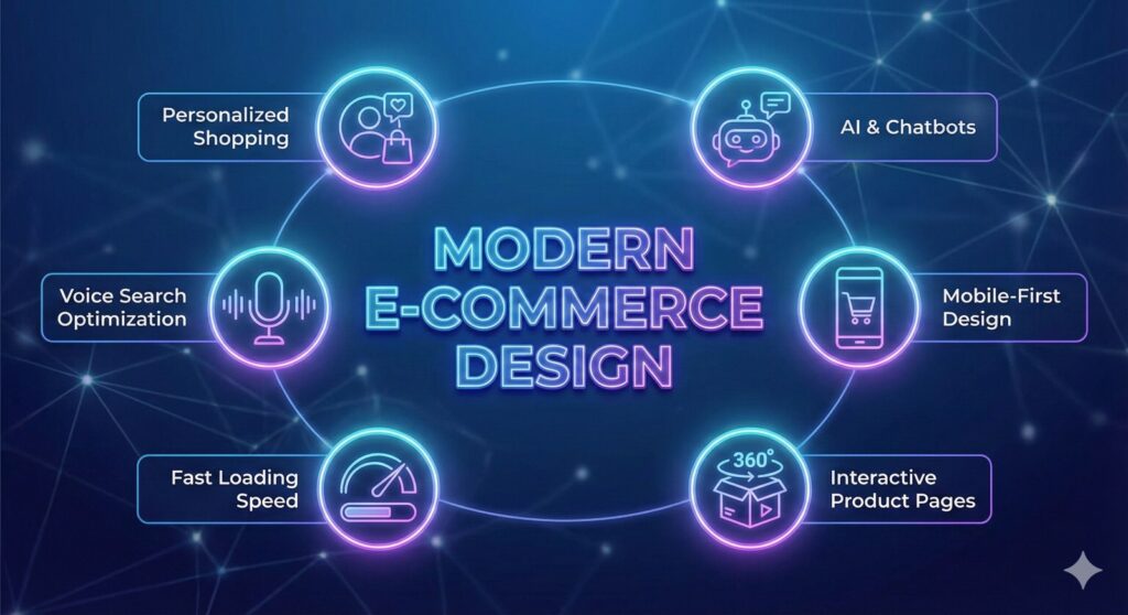 Infographic detailing six key modern e-commerce design elements used by Scrupulous Technology.