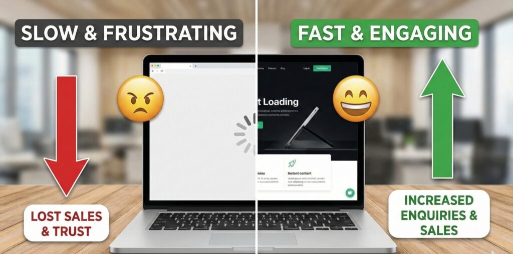 Split screen comparing a slow, frustrating site to a fast one, illustrating increased sales and trust for Scrupulous Technology.