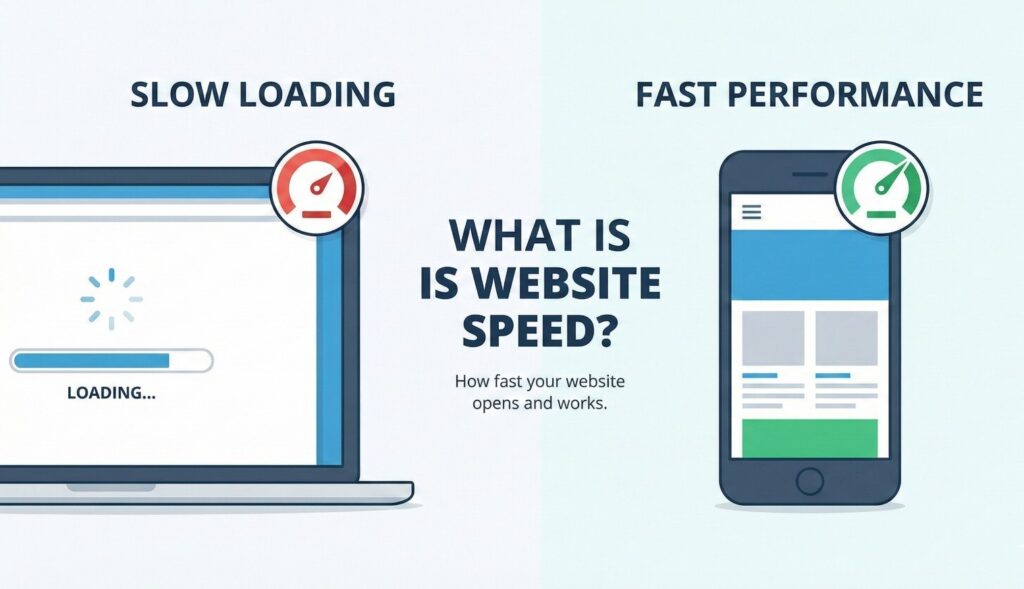 Illustration showing website speed elements: fast page load, quick image display, and smooth navigation for a professional user experience.