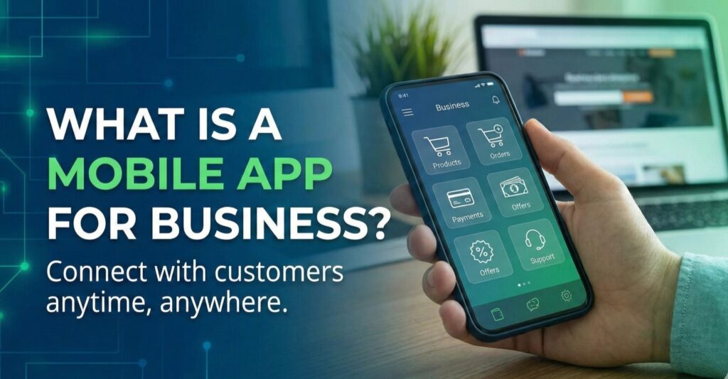 A smartphone screen with a business app interface displaying icons for products, orders, and support, illustrating customer connection.