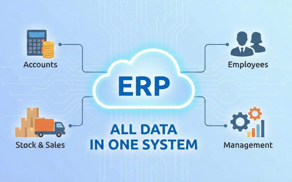 Scrupulous Technology ERP dashboard showing centralized data management for sales and employees.