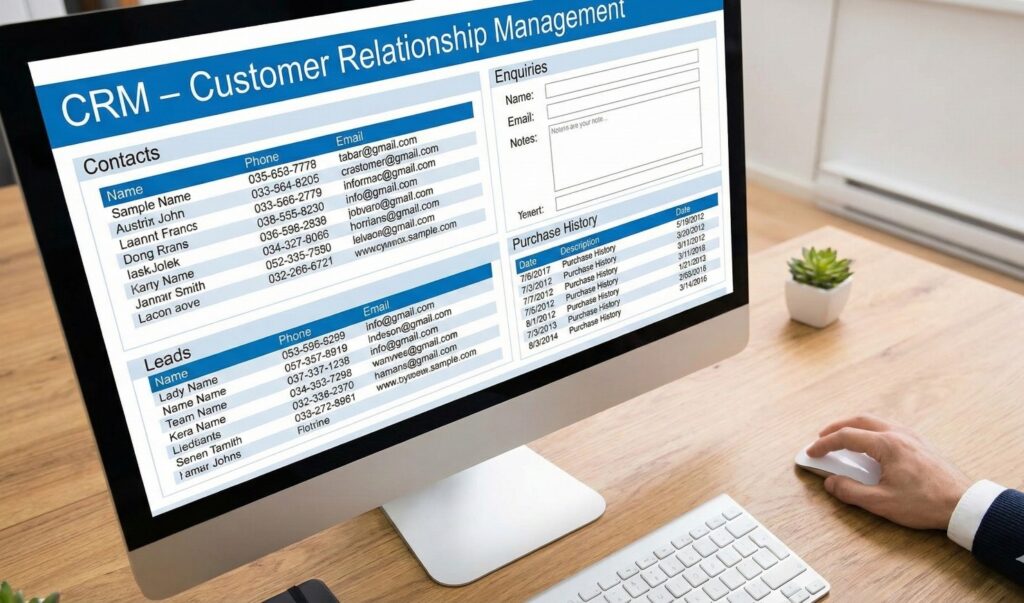 Scrupulous Technology CRM software showing organized customer names, emails, and enquiry history for easy management.