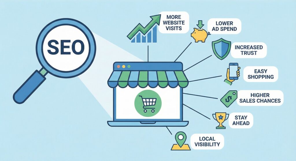 7 key benefits of SEO for your online store, including better user experience and sales, by Scrupulous Technology.