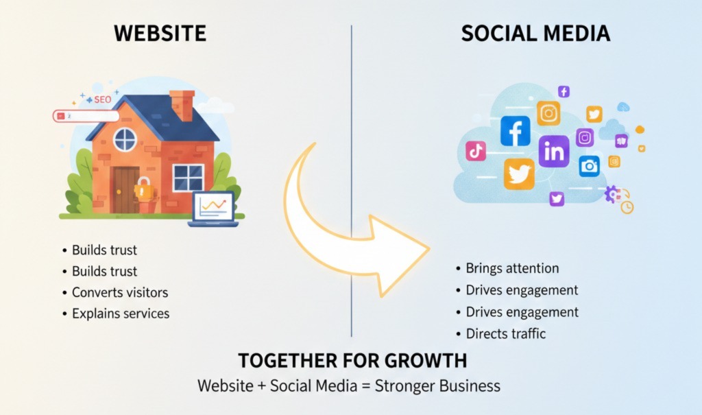 Graphic by Scrupulous Technology explaining how a website builds trust while social media drives engagement to create business growth.