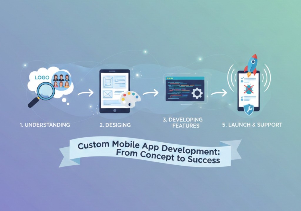 Custom mobile app development process by Scrupulous Technology: From understanding business needs to launch and ongoing support.