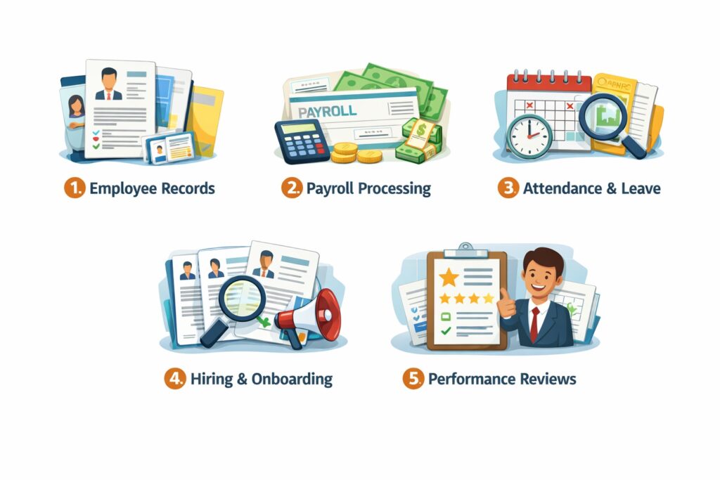 Scrupulous Technology HR Module simplifying employee management, payroll processing, attendance tracking, and performance evaluation.