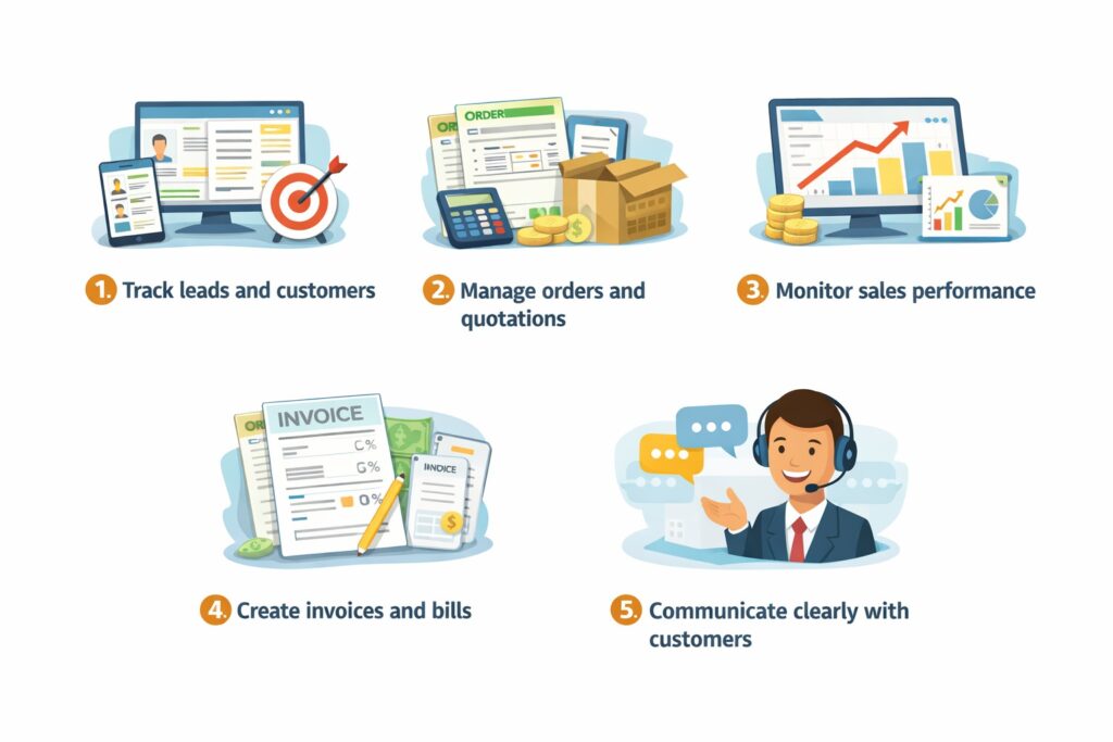 Scrupulous Technology Sales Module showing lead tracking, order management, invoicing, and real-time sales performance insights.