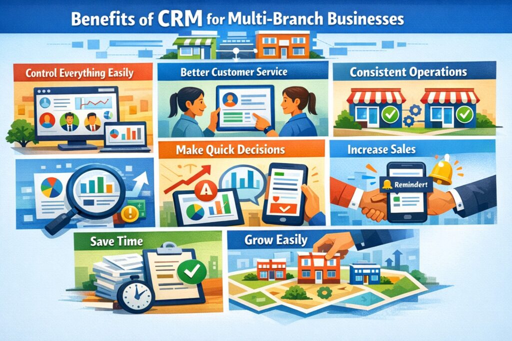 CRM benefits for multi-branch businesses by Scrupulous Technology, enabling centralized control, better customer service, faster decisions, higher sales, and easy growth.