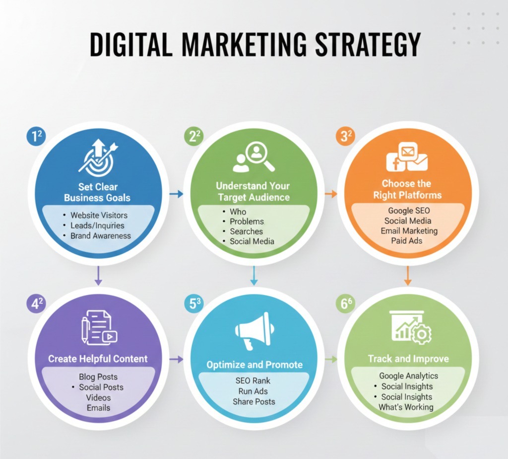 How Does a Digital Marketing Strategy Work? A good strategy is built all step. Here’s how: 1️⃣ Set Clear Business Goals we decide what you want to achieve. For example: More website visitors More leads or inquiries More sales Better brand awareness Clear goals help you stay focused. 2️⃣ Understand Your Target Audience You need to know: Who your customers are What problems they have What they search for online Which social media they work daily When you understand your user, your marketing becomes most useful. 3️⃣ Choose the Right Platforms Not every platform is right for all business. You might use: Google SEO to get traffic from search Social Media to connect with people Email Marketing to stay in touch with customers Paid Ads for fast results Choose platforms where your audience actually spends more time. 4️⃣ Create Helpful Content Content is the main source of digital marketing. You can create: Blog posts Social media posts Videos Emails Your content should solve problems, answer questions, and give value — not just sell. 5️⃣ Optimize and Promote After creating content, make sure people can find it. You can: Use SEO to rank on Google Run ads to reach more people Share posts all days on social media Promotion helps your content reach the right user. 6️⃣ Track and Improve Digital marketing is not “set and forget.” Use tools like Google Analytics and social media insights to check: What’s working What’s not working Where you can improve Digital marketing strategy steps showing goals, audience, platforms, content, promotion, and tracking by Scrupulous Technology for business growth.