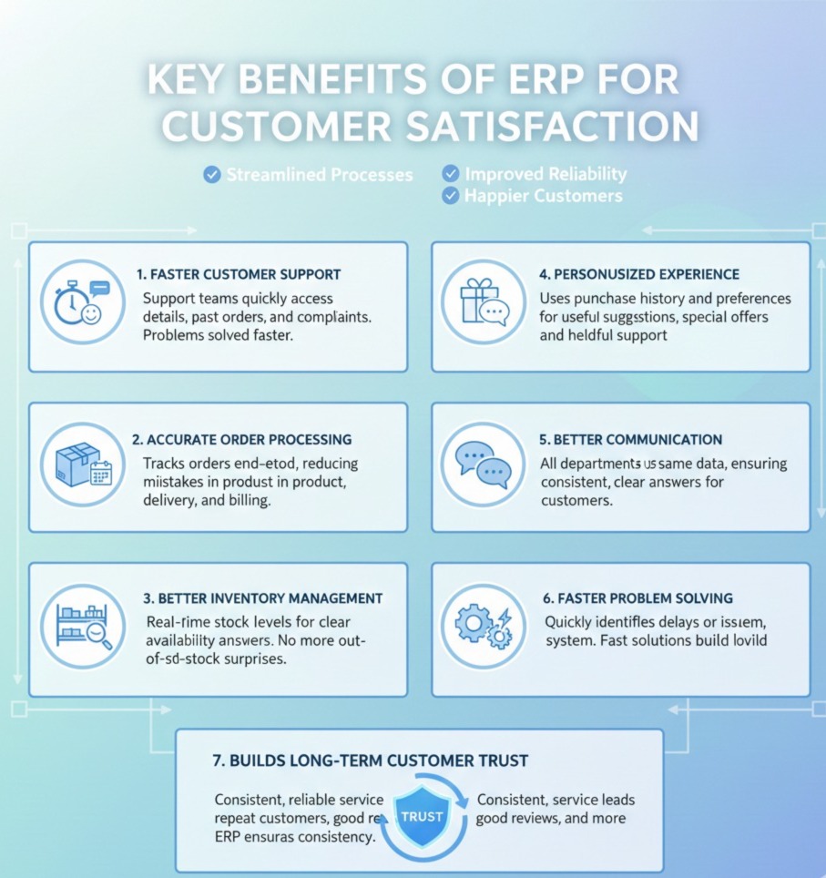 ERP benefits by Scrupulous Technology improve customer satisfaction through faster support, accurate orders, better inventory control, and personalized service.