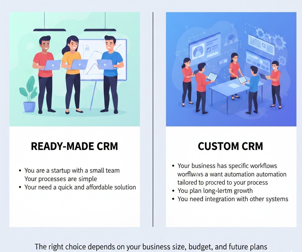 Custom CRM vs Ready-Made CRM guide by Scrupulous Technology to help businesses choose the right CRM based on size, budget, and growth plans.