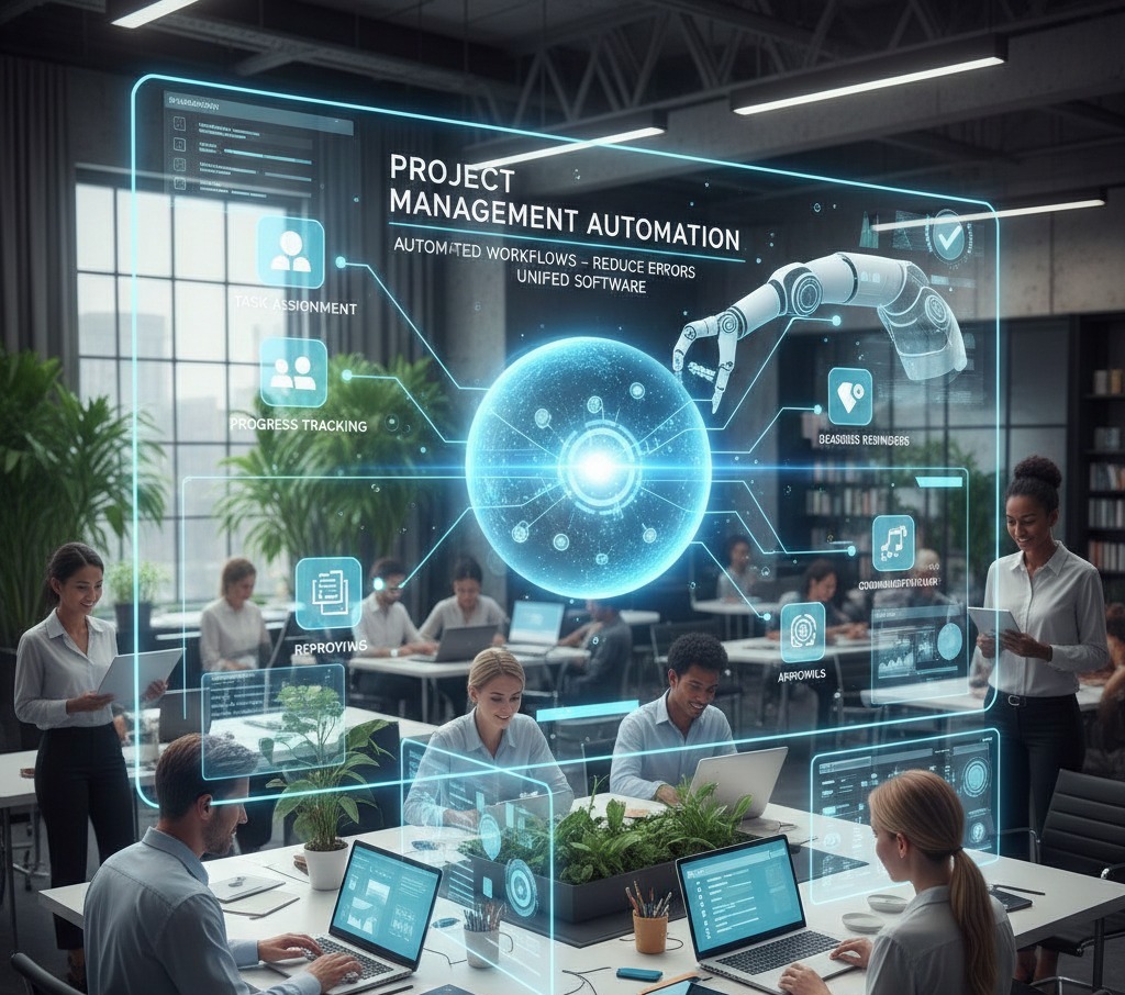 Project management automation concept showing task tracking, reminders, and reporting in one software dashboard by Scrupulous Technology.