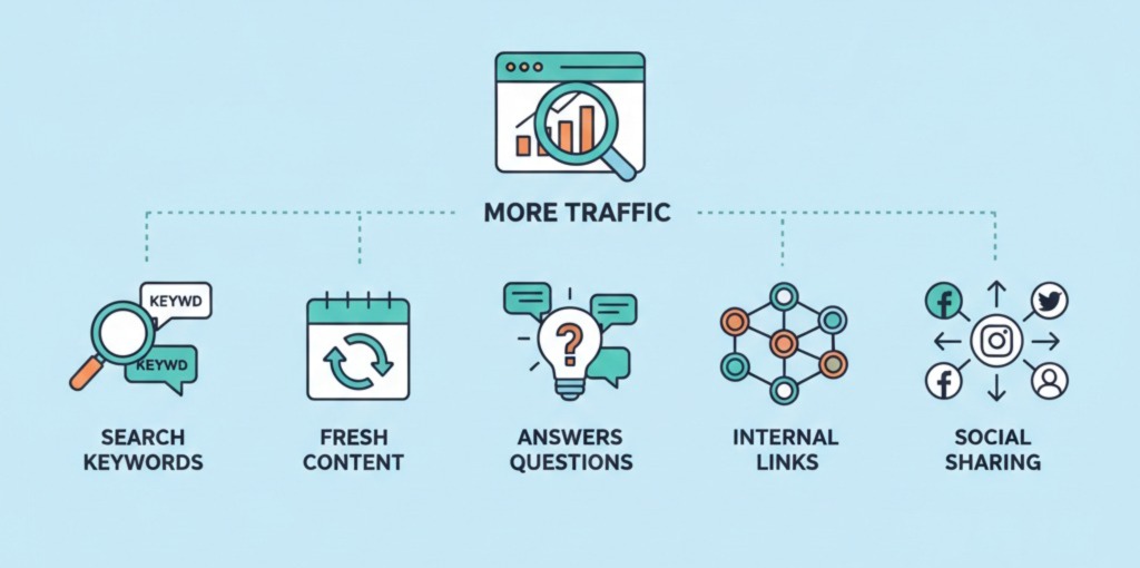 Blog image showing how blogging increases website traffic through keywords, SEO, social sharing and internal links – Scrupulous Technology