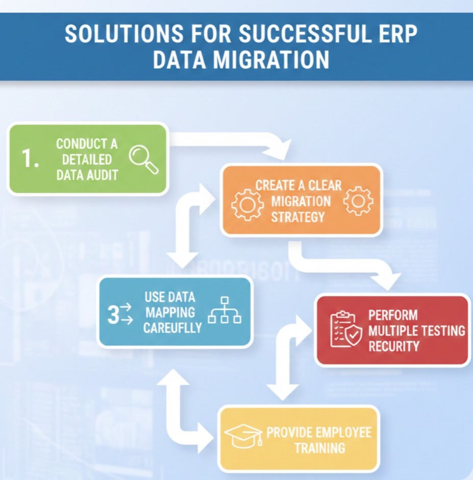 Scrupulous Technology ERP data migration process showing secure data transfer, testing, data audit, planning, and employee training for smooth transition