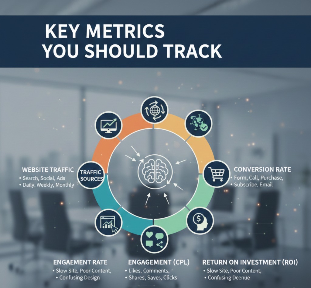 Scrupulous Technology explaining key marketing metrics like website traffic, conversion rate, CPL, ROI, bounce rate, and engagement tracking.