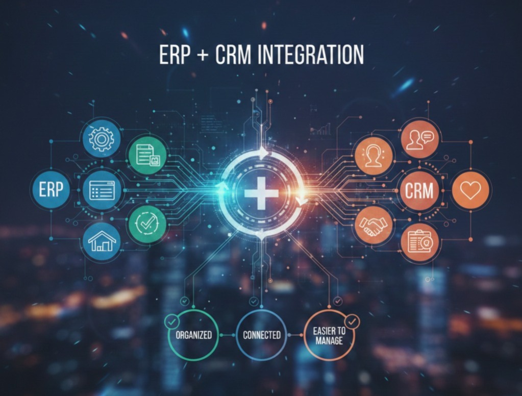 Scrupulous Technology ERP + CRM integration dashboard showing connected sales, inventory, accounts, and customer data for better business control.
