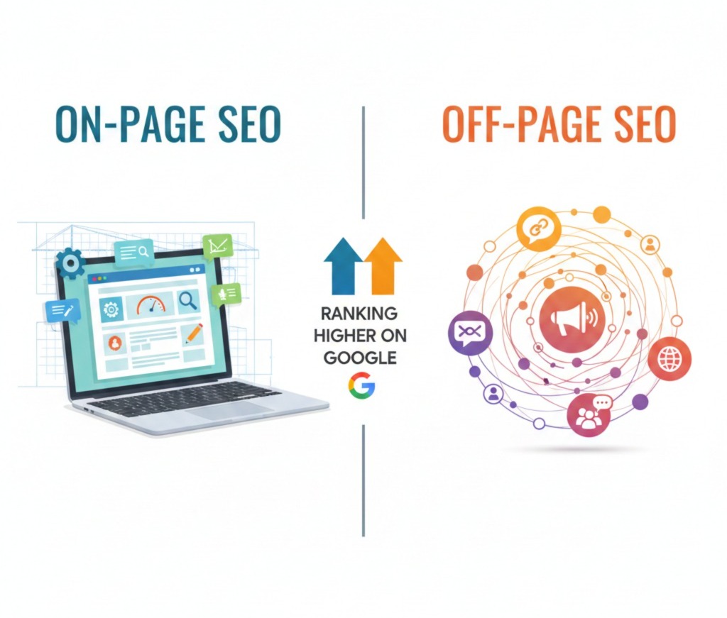 Scrupulous Technology explaining On-Page and Off-Page SEO to help businesses improve website ranking on Google and grow online visibility.
