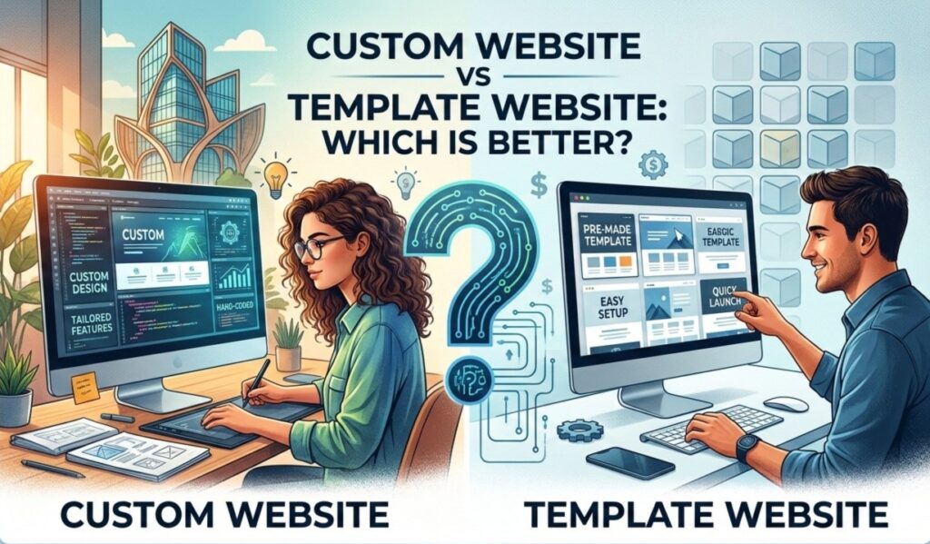 Scrupulous Technology explaining custom website vs template website options to help businesses choose the right solution based on goals and budget.