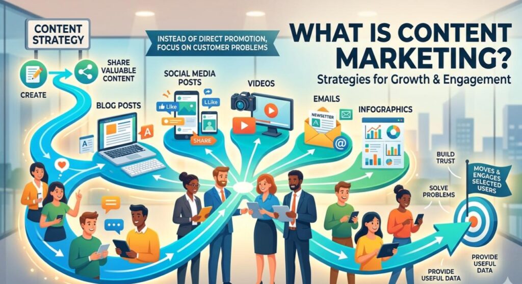 Content Marketing concept illustration showing blogs, social media, videos, emails, and infographics by Scrupulous Technology helping businesses grow online