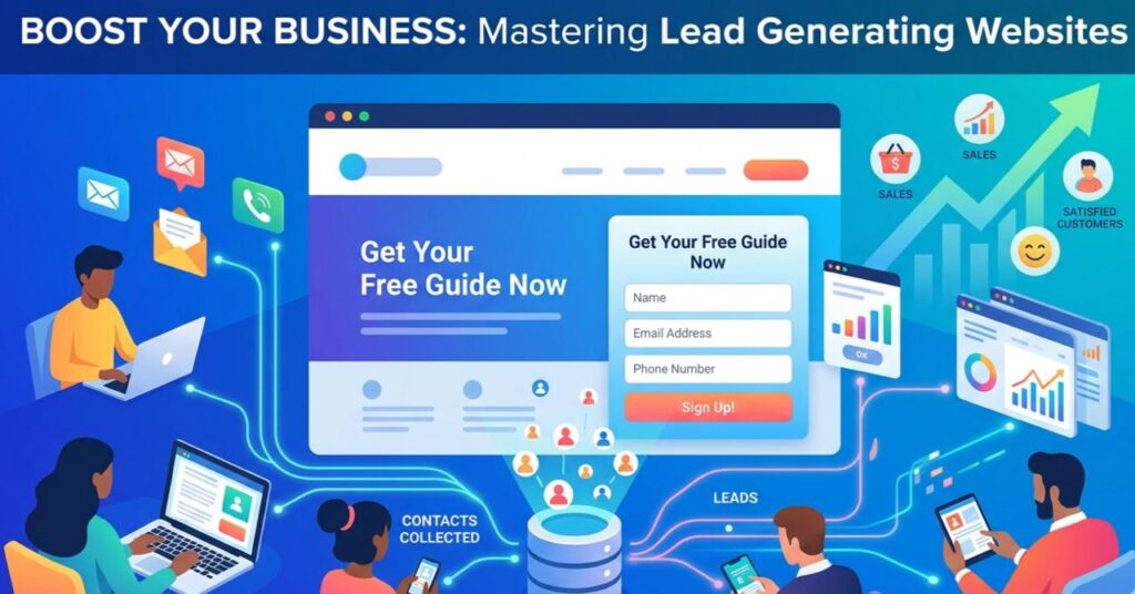 Lead generating website concept illustration showing form signup, contact details, and conversion process, Scrupulous Technology helping businesses get leads.