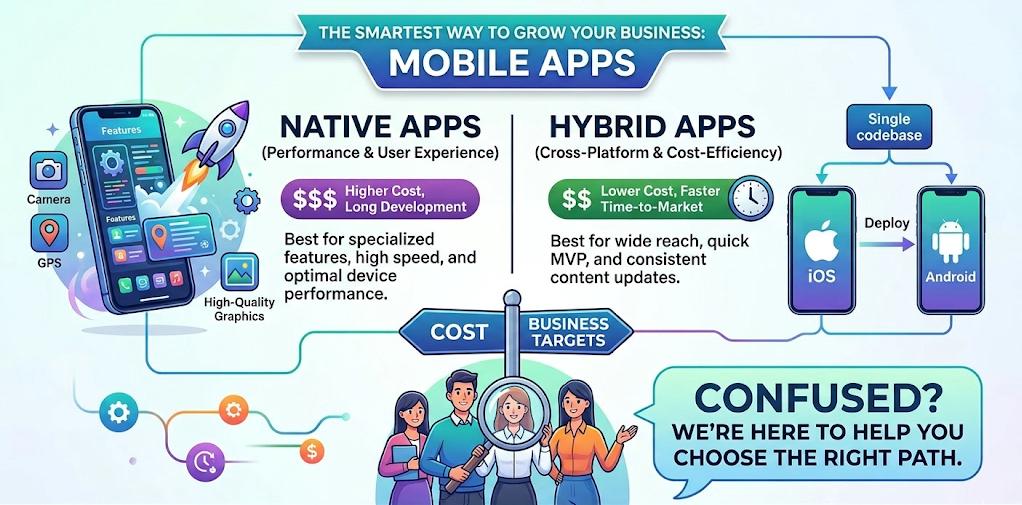Scrupulous Technology explains native vs hybrid apps to help businesses choose the right mobile app solution based on goals, budget, and performance needs