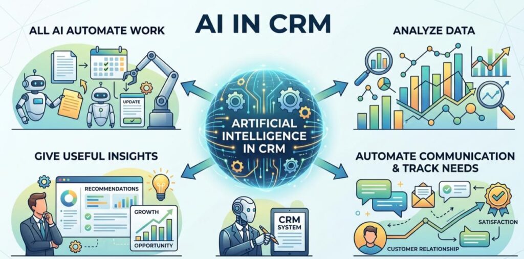 AI in CRM helps automate tasks, analyze customer data, and improve communication, turning your CRM into a smart assistant — Scrupulous Technology