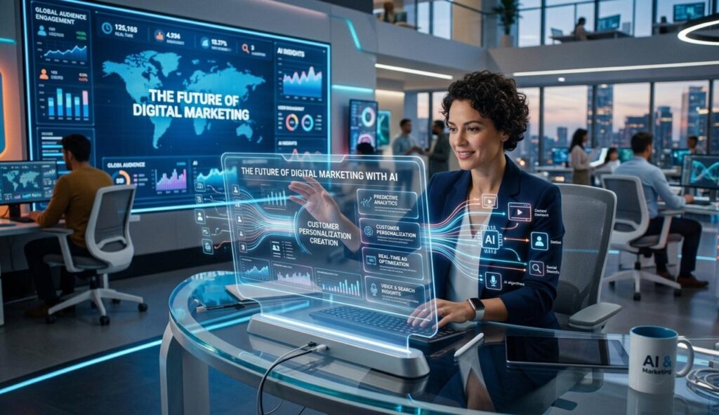 AI in digital marketing concept showing automation, data analytics, customer targeting and smart tools by Scrupulous Technology for better marketing results.