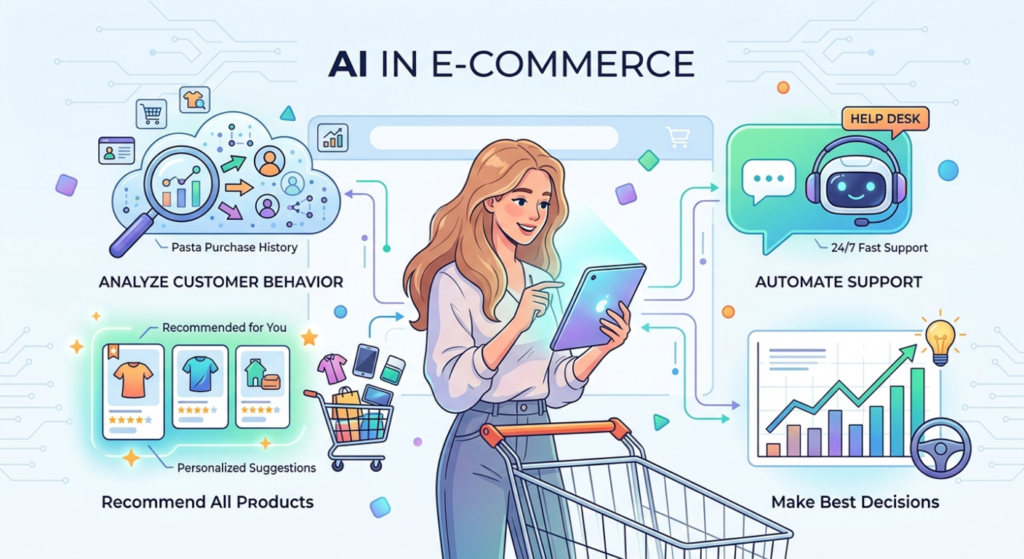 AI in e-commerce uses smart technology to analyze customer behavior, recommend products, automate tasks, and improve sales & user experience — Scrupulous Technology