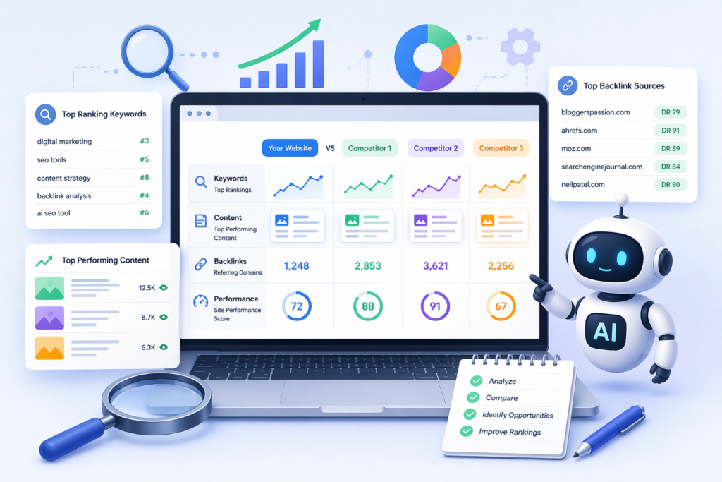 AI-based competitor SEO analysis showing keyword research, backlinks, and performance insights to improve strategy – Scrupulous Technology