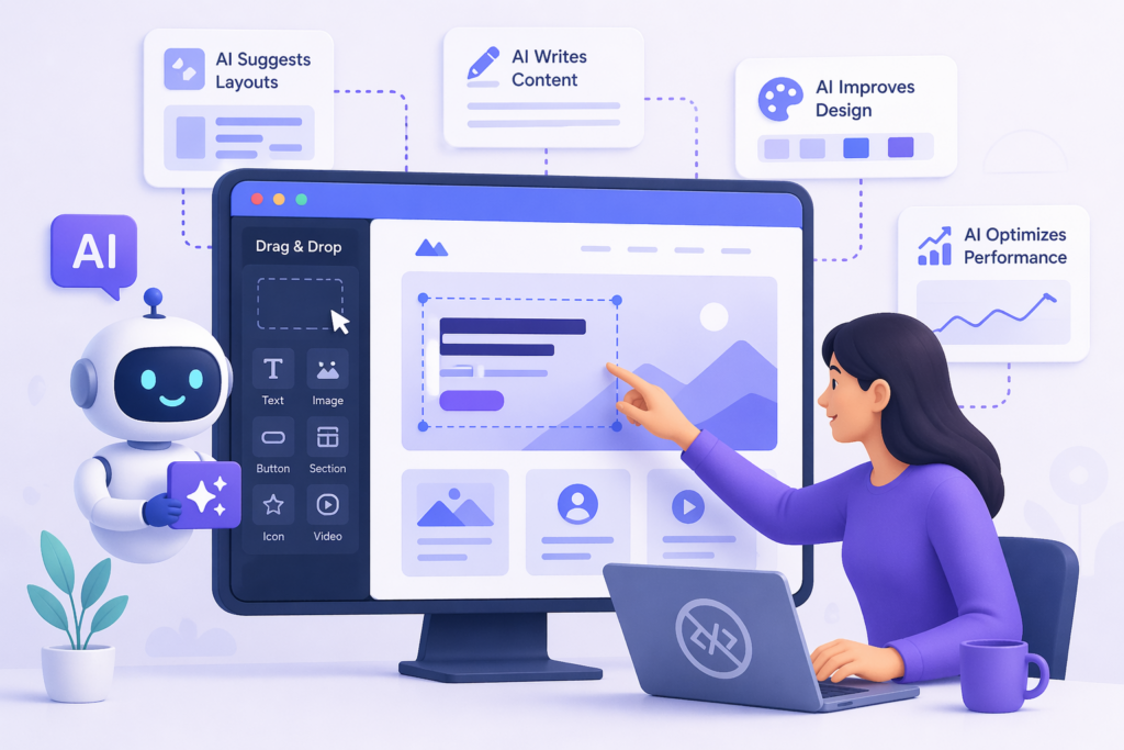 AI and no-code website development using smart tools by Scrupulous Technology to build websites easily without coding, with drag-drop and AI support