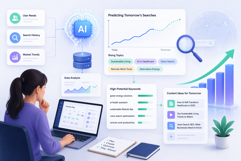 Predictive SEO concept using AI to forecast future search trends and keywords, helping businesses plan content ahead – Scrupulous Technology