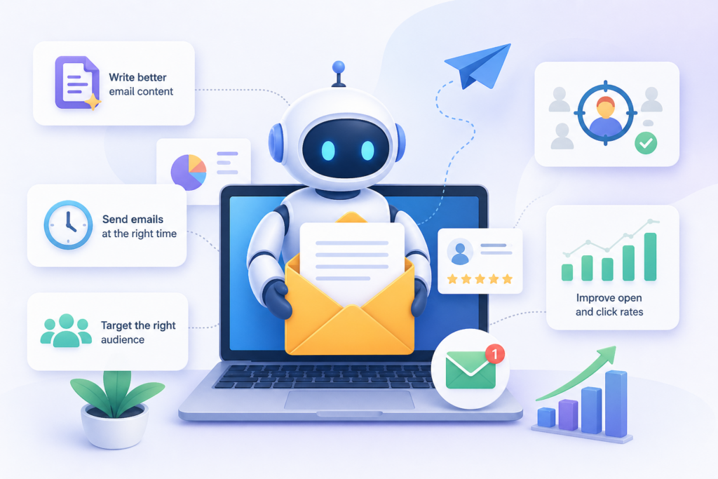 AI in email marketing by Scrupulous Technology showing smart automation, targeted emails, better content creation, and improved open and click rates.