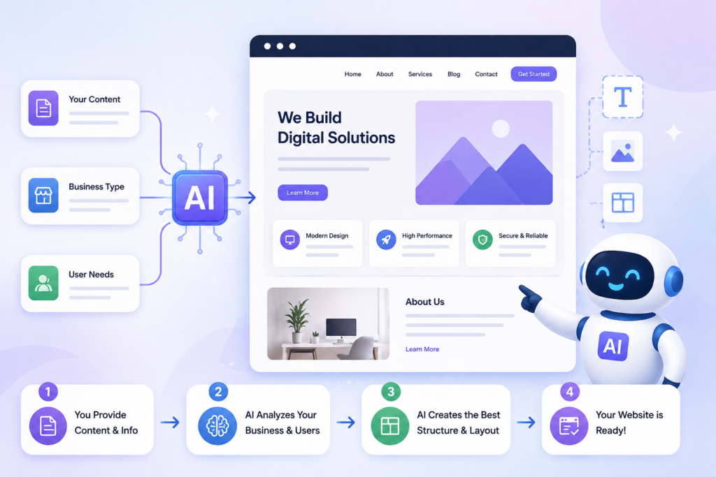 AI website design concept showing automated layout creation using smart tools, clean UI elements and structure by Scrupulous Technology.