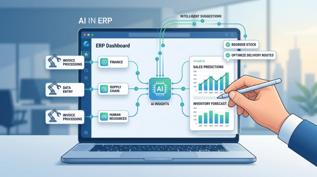 AI in ERP by Scrupulous Technology: smart system that analyzes data, automates tasks, and predicts trends to improve business efficiency and decisions.