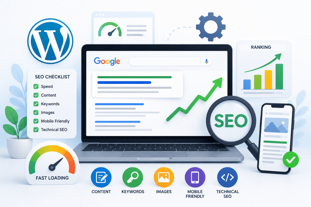 SEO for WordPress blog cover image showing website optimization, Google ranking growth, fast loading speed and digital marketing services by Scrupulous Technology.