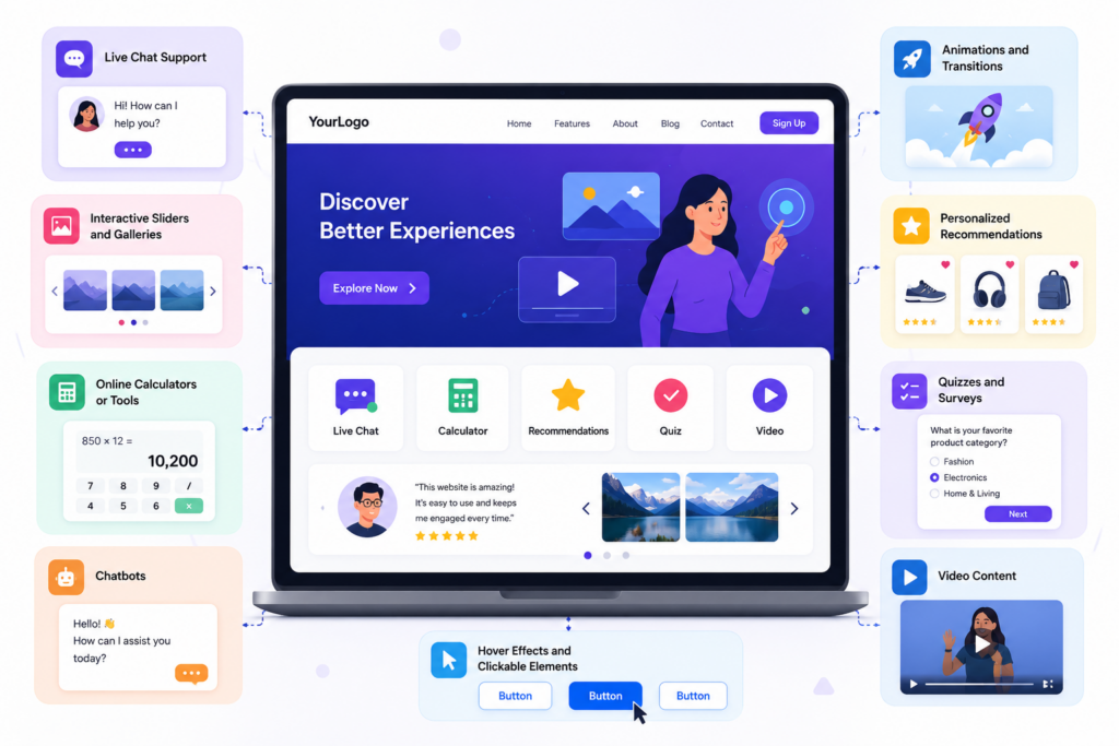 Interactive website design by Scrupulous Technology featuring chatbots, animations, interactive tools, and user-friendly digital experiences for better customer engagement.