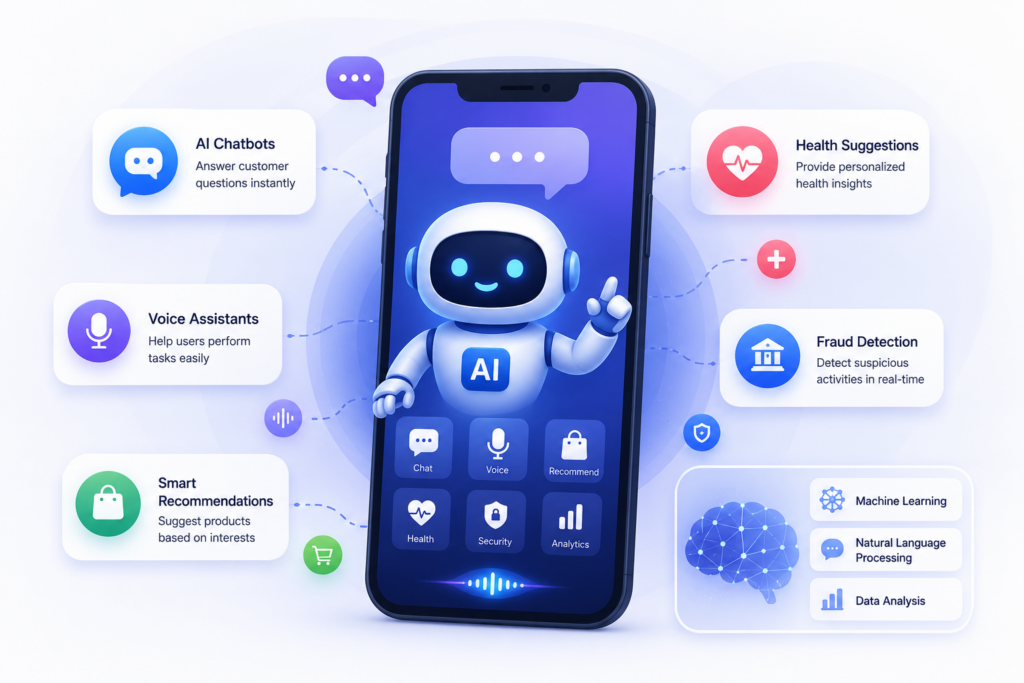 AI-powered mobile app interface with smart chatbot, voice assistant, personalized recommendations, and automation features by Scrupulous Technology