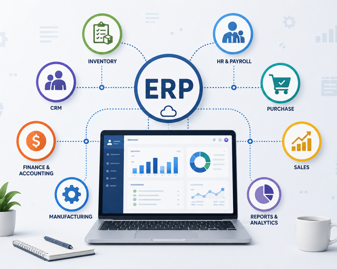 ERP software dashboard illustration showing business automation, real-time data management, team collaboration and workflow integration by Scrupulous Technology.