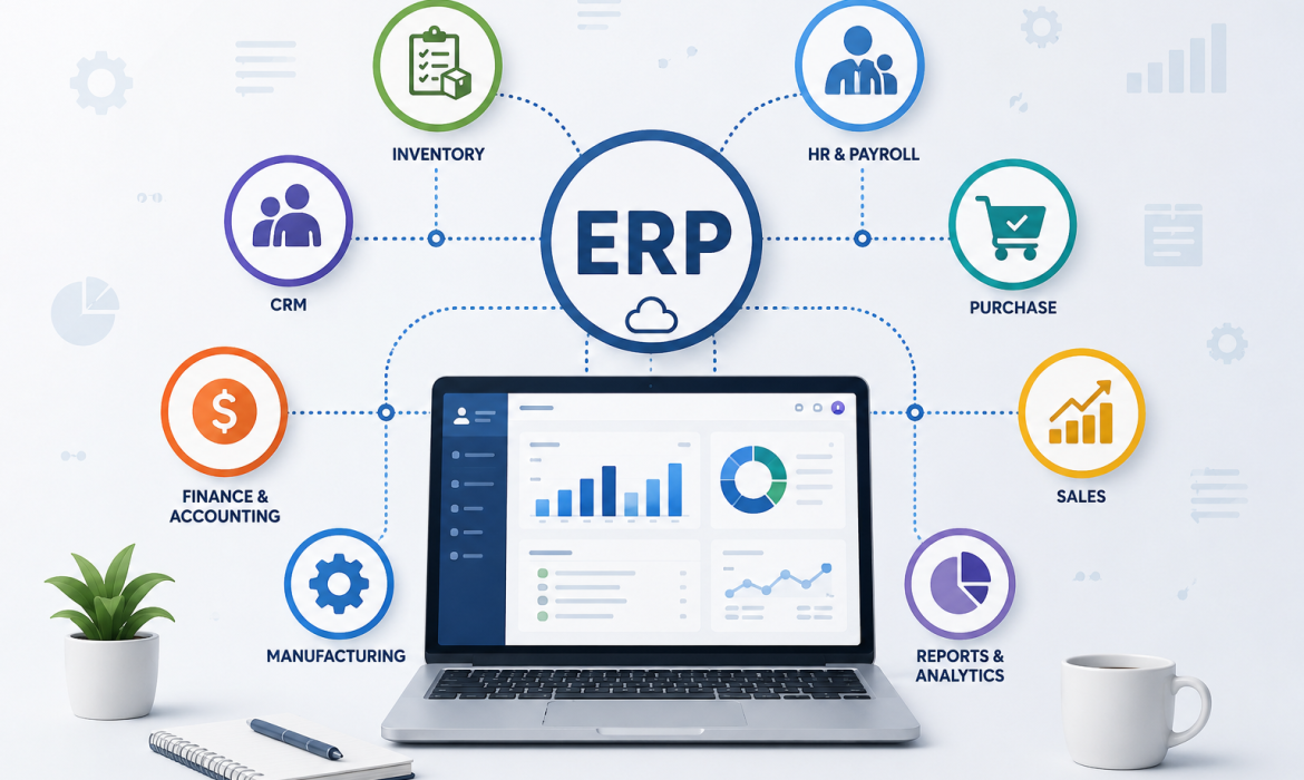 ERP software dashboard illustration showing business automation, real-time data management, team collaboration and workflow integration by Scrupulous Technology.