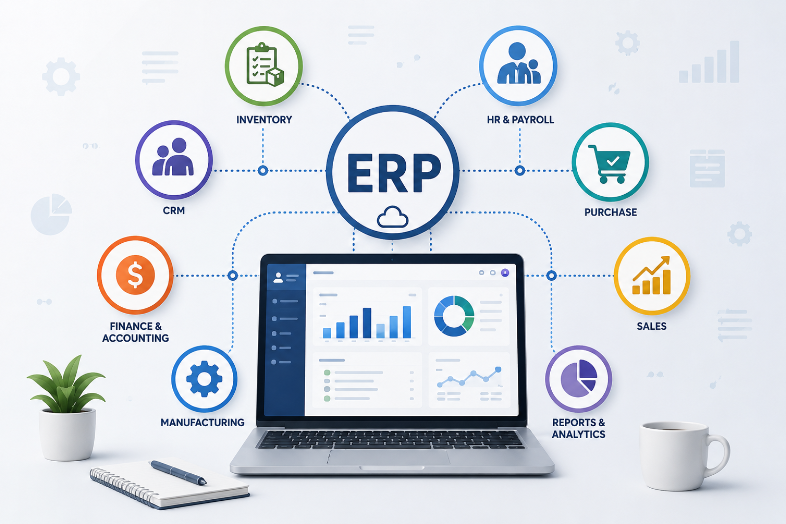 ERP software dashboard illustration showing business automation, real-time data management, team collaboration and workflow integration by Scrupulous Technology.