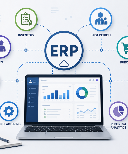 ERP software dashboard illustration showing business automation, real-time data management, team collaboration and workflow integration by Scrupulous Technology.