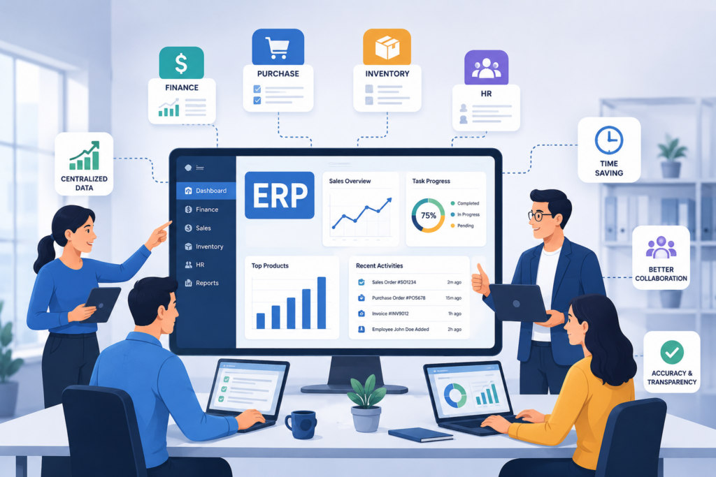 ERP software dashboard illustration showing business automation, real-time data management, team collaboration and workflow integration by Scrupulous Technology.