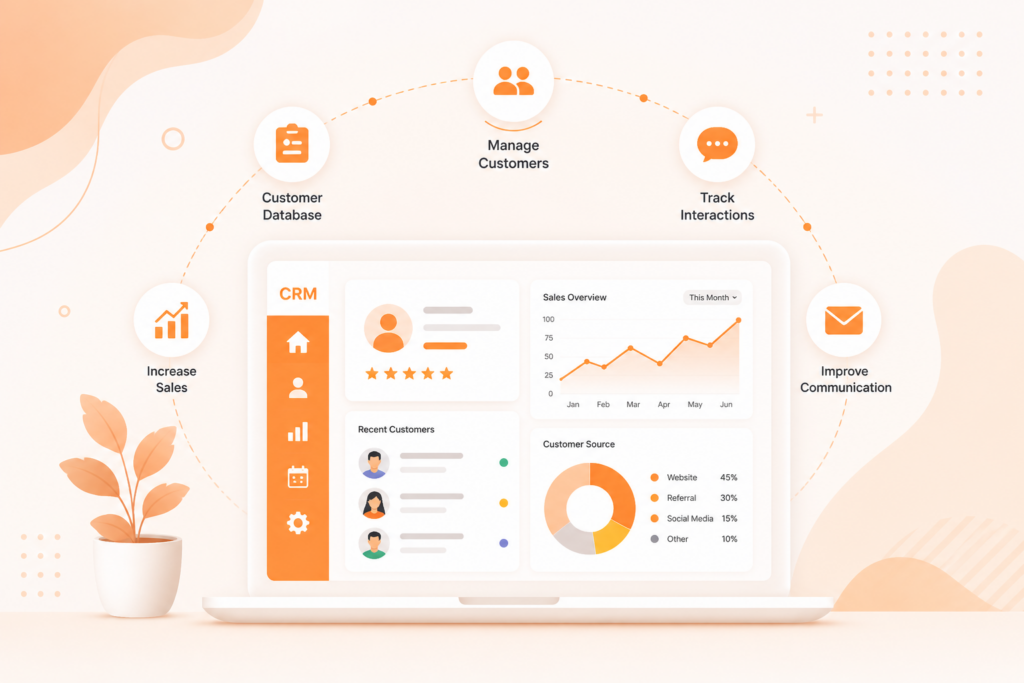CRM dashboard showing customer data, interaction tracking, and communication tools in a modern interface. Smart business solution by Scrupulous Technology to manage and understand customers easily.
