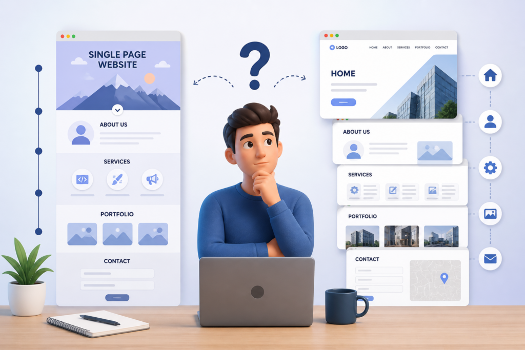Modern illustration showing comparison of single-page and multi-page website layouts with clean UI elements, designed for a professional IT brand like Scrupulous Technology.