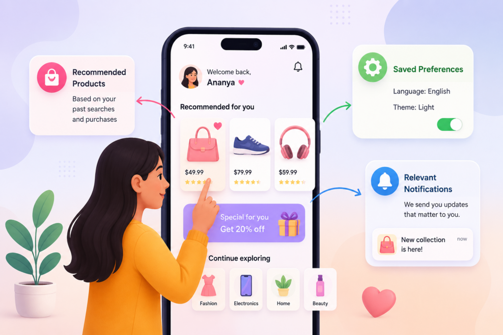 Modern mobile app personalization concept showing user preferences, smart recommendations, and tailored notifications by Scrupulous Technology