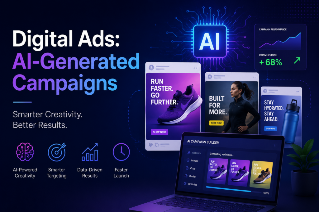 AI-generated campaign illustration showing smart digital advertising automation, personalized marketing ads, AI-powered audience targeting, and data-driven campaign optimization by Scrupulous Technology.