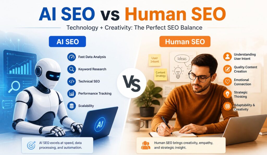 AI SEO concept illustration showing smart tools analyzing data, keywords and content optimization for faster SEO results | Scrupulous Technology
