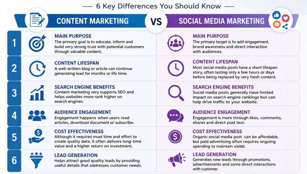 Understand the key differences between content marketing and social media marketing to grow your business effectively with Scrupulous Technology.