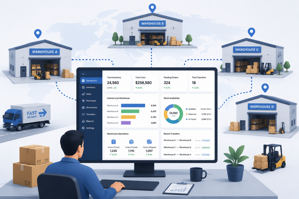 Manage multiple warehouses with one smart ERP from Scrupulous Technology. Track inventory, transfers, sales, and operations in real time.